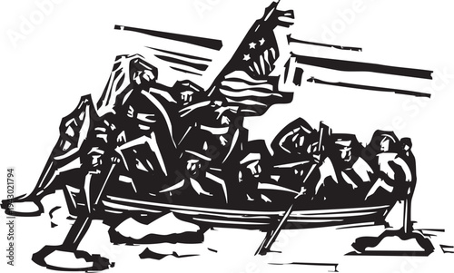 Woodcut style image of George Washington crossing the Delaware