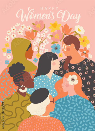 Greeting card or postcard templates with flowers, feminism activists and Happy Women's Day wish. Modern festive vector illustration for 8 March celebration.