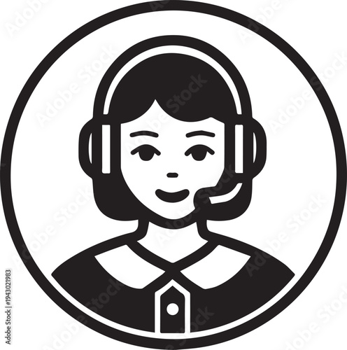 Hand Drawn Female Customer Service Agent Black and White Avatar Illustration in Minimal Line Art Style Design