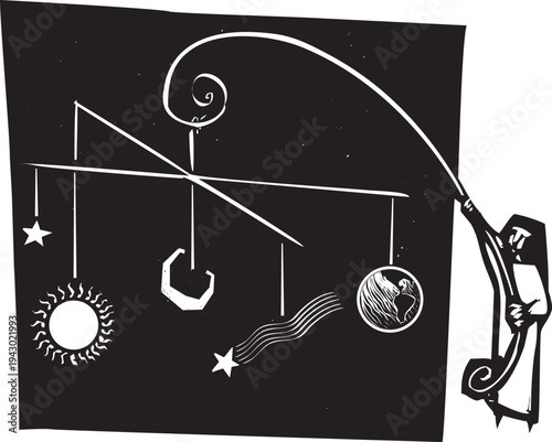 Woodcut style image of nun holding a huge mobile of the solar system.