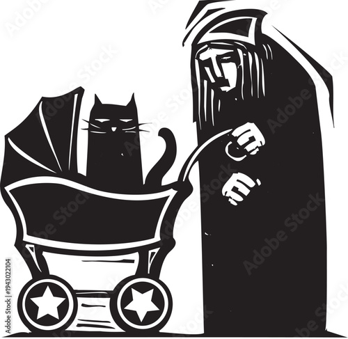 Woodcut style image of an old woman pushing a cart with a black cat in it.