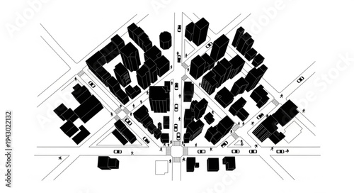Aerial view of city blocks and streets in black and white.