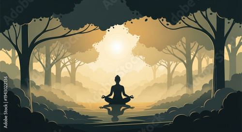 Serene silhouette of a person meditating in a misty forest at sunrise with trees and foliage