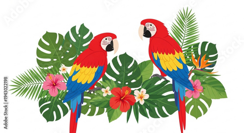 Vibrant tropical illustration of two colorful macaws perched on lush greenery with exotic flowers