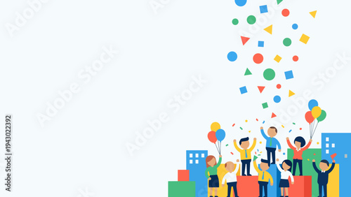 Flat vector illustration of a happy business team celebrating success and achievement with colorful balloons and confetti.