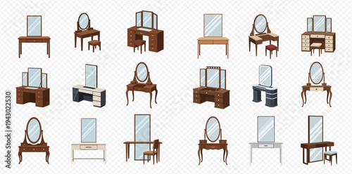 Set of various dressing tables with mirrors and chairs in different styles and designs for bedroom or bathroom interior.