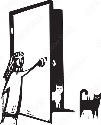 Woodcut style girl letting cats in through a door.