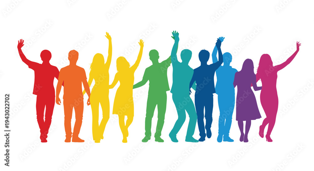 Obraz premium Eight Rainbow Silhouettes Celebrate Unity and Diversity in a Bright, Minimalist Graphic