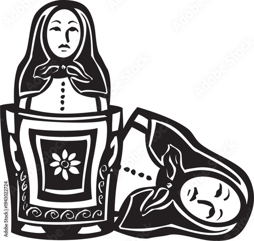 Woodcut style russian nested doll