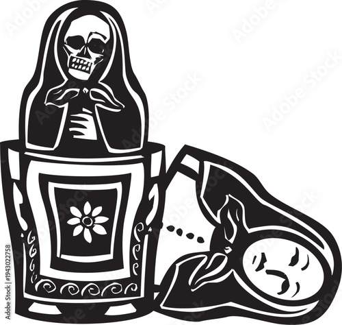 Woodcut style russian doll with death inside