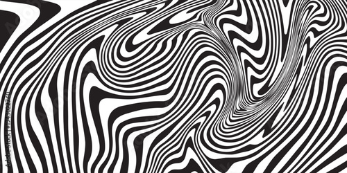 Black and white striped liquid paint effect vector seamless pattern. Wavy psychedelic background of moving liquid. Modern zebra backdrop. Groovy 1970s style.