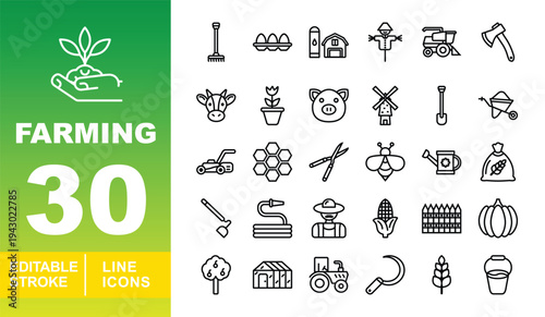 Traditional & Livestock Farming Icons. Editable stroke vector icons for rural agriculture. Featuring pigs, cows, scarecrows, silos, scythes, and harvesting tools for farm management app UI design.