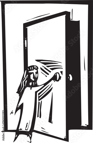 Woodcut style girl opening a door