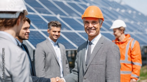 Business partners shaking hands for renewable energy project