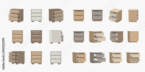 Set of various nightstands, chest of drawers, and bedside tables in different styles and colors, isolated on a transparent background.