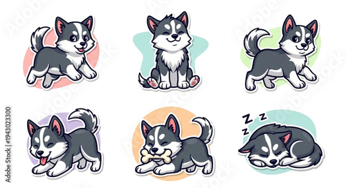 Cute Husky Puppies Set Cartoon Style.