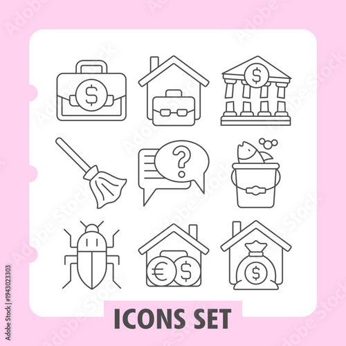 Portfolio bag, broom, bug icons, offering diverse business, household and finance concepts. Set of nine thin line icons on white background.