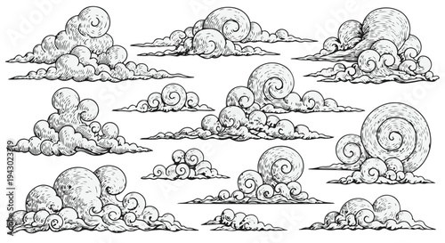 Hand Drawn Stylized Cloud Vector Collection. Set of Asian Oriental Swirl Clouds. isolated PNG with Transparent Background