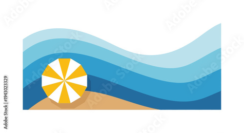 Beach ball on sandy shore with wavy ocean waves in sunny daytime for summer vacation