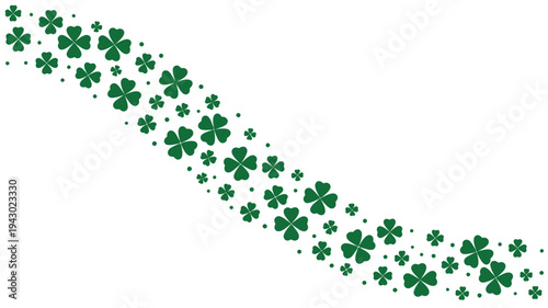 A scattered arrangement of vibrant green four leaf clovers against a white backdrop