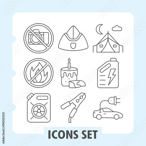 Camera ban, fire ban, canister icons, set presents photography restrictions, culinary professions, outdoor camping and vehicle energy solutions. Set of nine thin line icons on white background.
