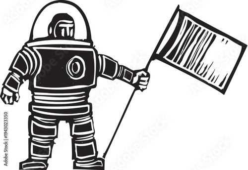 Woodcut style vintage illustration of an astronaut wit his flag