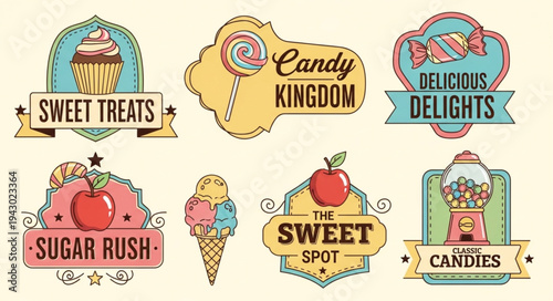 Collection of vintage candy shop logos and emblems.