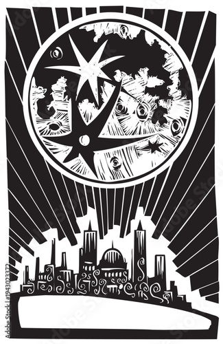 Woodcut style city beneath a full moon
