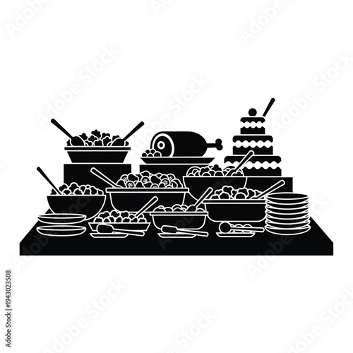 Buffet table with various dishes and desserts.