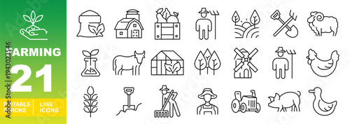 Farming and Agriculture Line Icons. Editable stroke icons for countryside and ranching. Featuring barns, windmills, greenhouses, farmers, tractors, livestock like sheep, cows, and chickens, and harves