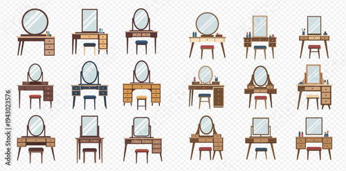Set of various modern and vintage dressing tables with mirrors and stools, isolated on transparent background.