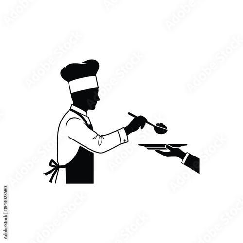 Chef serving food to a customer in a restaurant.