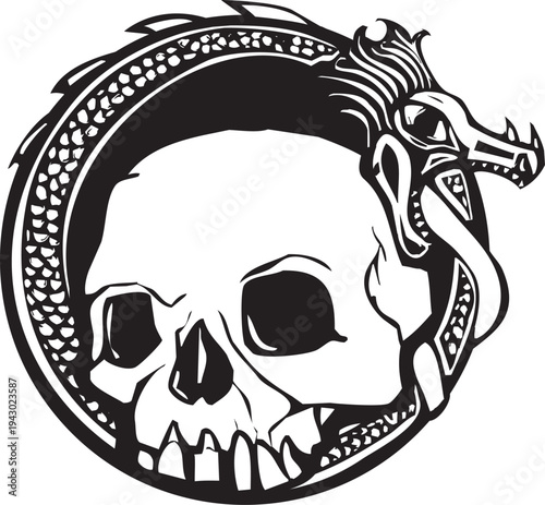 Woodcut style skull surrounded a serpent 