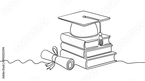 A minimalist line drawing of books a graduation cap and diploma