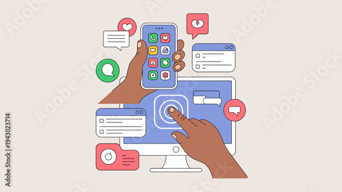 An illustration depicts a hand interacting with a smartphone and computer displaying various social media app icons and notifications high quality professional detailed modern elegant stylish