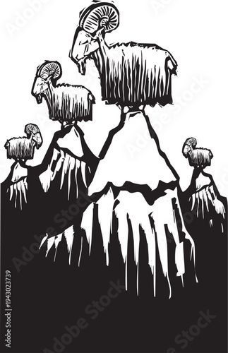 Woodcut style mountain goats atop the peaks