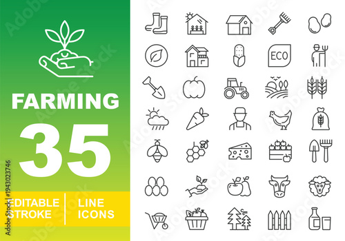 Organic Farming & Rural Life Icons. Editable stroke vector icons for agriculture industry. Featuring tractors, dairy cheese, honeycombs, farm animals, weather symbols, and harvest fruit for app UI