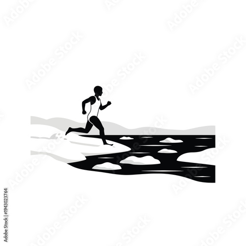 Male runner jogging along river bank.