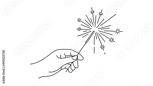 A hand holding a lit sparkler emitting bright stylized bursts of light