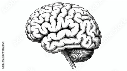 A detailed black and white illustration depicts the human brain showcasing its complex folds and structures from a side view high quality professional modern elegant stylish