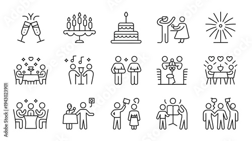 A collection of linear icons depicting celebratory events and imagery including cakes champagne and joyful gatherings high quality professional detailed modern elegant stylish clean crisp vibrant