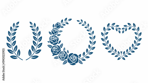 A collection of four elegant blue floral wreaths and a heart shape are displayed featuring roses and leaves high quality professional detailed modern stylish clean crisp