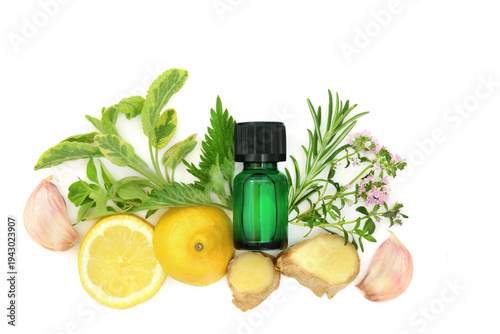 Photos Treatment for hayfever allergies with herbs, spices, fruit, green essential oil bottle, old fashioned natural herbal medicine antihistamine treatment