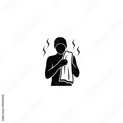 Person drying off with a towel after a hot shower or sauna.