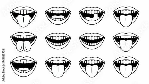 A grid displays multiple black and white line art illustrations of open mouths each showing a protruding tongue in various positions high quality professional detailed modern