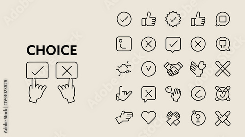 An assortment of linear icons depicts choices approvals rejections hands and communication methods in a minimalist style high quality professional detailed modern elegant stylish clean crisp