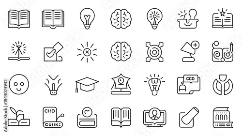 A collection of black and white line icons depicting education learning ideas and intelligence concepts arranged in a grid high quality professional detailed modern elegant stylish