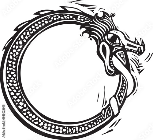Woodcut style norse midgard serpent eating its tail.