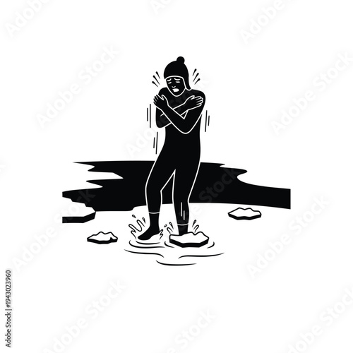 Person shivering in cold water experiencing hypothermia.