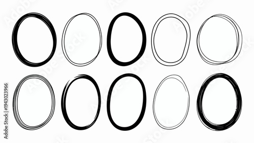 This image displays a collection of nine hand drawn circular frames varying in thickness and color black and white high quality professional detailed modern elegant stylish